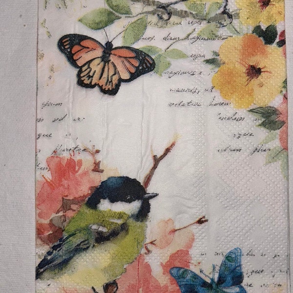 Bird butterfly botanical paper napkin for decoupage