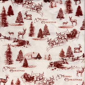 Red and white mini Christmas scenes beverage size paper napkins