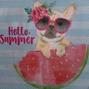 May include: A cartoon illustration of a dog wearing sunglasses and a flower crown, holding a slice of watermelon. The text "Hello, Summer" is written in pink letters on a blue and white striped background.