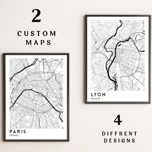Conjunto de mapas personalizados de 2 mapas de cidades Mapa personalizado 2 peças Arte de parede Sala de estar Decoração de parede Mapa Pôster Fotógrafo Presente Decoração de parede sobre a cama