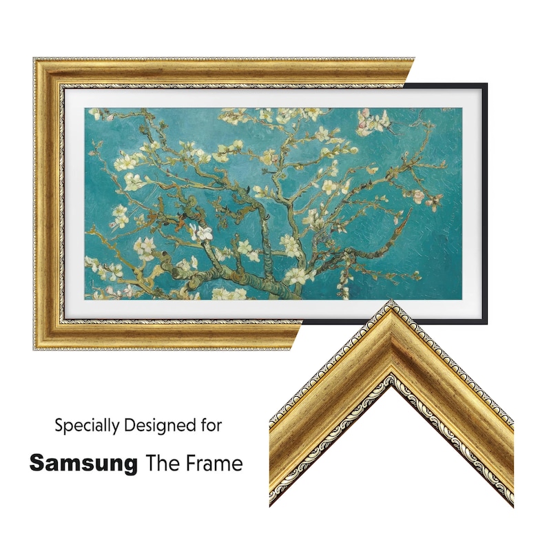 K&ouml;nnte beinhalten: Goldfarbener Rahmen mit einem Kunstwerk, das einen Baum mit wei&szlig;en Bl&uuml;ten vor t&uuml;rkisfarbenem Hintergrund zeigt. Der Rahmen ist verziert. Der Text "Specially Designed for Samsung The Frame" ist sichtbar.