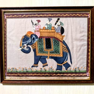 Vintage gerahmte indische Seidenmalerei: Antike Mughall Elefant-Kunst