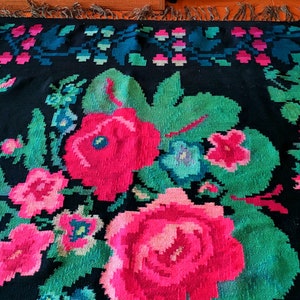 Vintage Ukrainian Rug, Handmade Wool Rug, Carpet in Boho Style with Traditional Ukrainian Pattern, Bright Woven Floral Rug with Roses