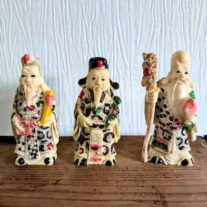 Tres figuras chinas Fu Lu Shou, figuras de dioses del Feng Shui talladas a mano que representan la suerte, la prosperidad y la longevidad, figuras coleccionables antiguas
