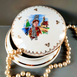 Vintage Frans porseleinen sieradendoosje, met de hand beschilderd, ronde porseleinen sieradendoosje uit het midden van de 20e eeuw, diameter: 5 inch