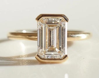 3.00 Carat Emerald Cut Lab Diamond Solitaire Ring, 14K White Gold CVD Diamond Engagement Ring, Four Prong Set Eco Friendly Diamond Ring