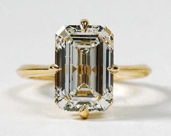 4.10 CT Emerald Cut Lab Diamond Engagement Ring, IGI Compass Prong Solitaire Gold