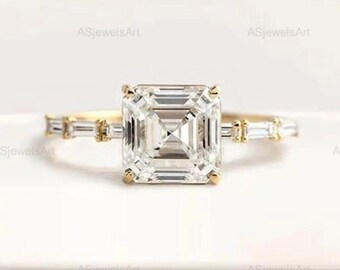 2CT Asscher Cut Engagement Ring: Lab Grown Diamond Ring, Round and Baguette Cut Side Stone Ring IGI Certified