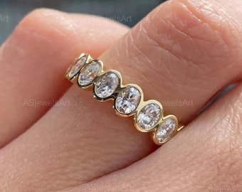Bezel Set Oval Lab Grown Diamond Half Eternity Band, Solid Gold Wedding Ring