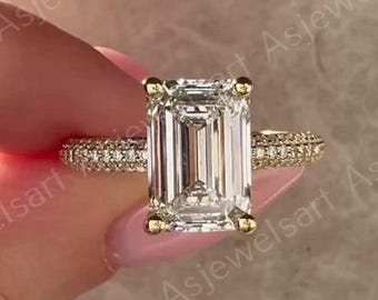 3CT Emerald Cut Lab Grown Diamond Engagement Ring, 14K Gold Pave Band, Wedding Ring