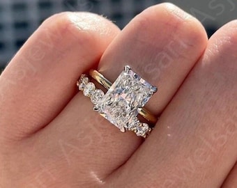 3CT Radiant Cut Lab Grown Diamond Ring Set, Solitaire Engagement Ring with Pave Band, 14K White Gold Bridal Ring Set