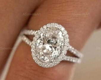 2CT Split Shank Engagement Ring, 14k Solid Gold Proposal Ring, Oval Cut Colorless Lab Grown Diamond Ring, Classic Halo With Hidden Halo Ring