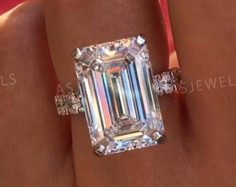 8 CT Emerald Cut Diamond Pave Band Genuine Lab Grown Diamond Rings Emerald-Cut Diamond Ring Hidden Halo Rings High Setting Rings