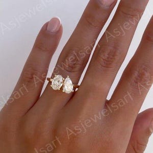 Toi Et Moi Moissanite Ring, Pear Oval Cut Two Stone Engagement Ring, Real 14K Gold Double Stone Ring, Promise Ring for Women