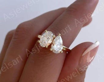 2.5TCW Lab Grown Diamond Toi et Moi Ring, 14K Gold Pear & Oval Cut Engagement Ring, Two Stone Diamond Wedding Ring, Unique Bridal Jewelry