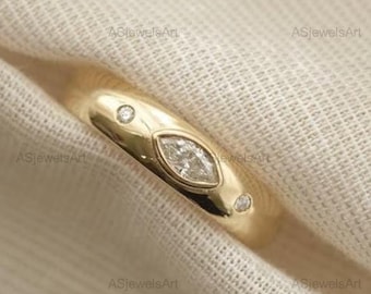 Marquise Lab Grown Diamond Bezel Set Ring, 14K Gold Wide Wedding Band, Minimalist Flush Promise Ring, Modern Stackable Jewelry