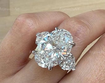 Oval Lab Grown Diamond Three Stone Engagement Ring, Side Heart Cut Diamond Wedding Band