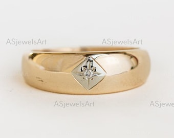14K Yellow Gold Single Diamond Band, Unisex Wedding Engagement Ring