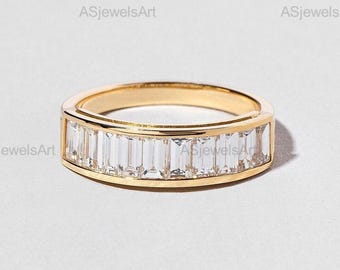 Baguette Lab Grown Diamond Wedding Band: 18K Gold Half Eternity Stacking Ring