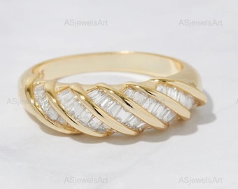 Twist Baguette Cut Lab Diamond Ring, Minimalist Croissant Ring, Dome Dainty Stacking Engagement Jewellery