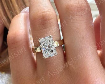 4CT Elongated Radiant Cut Lab Grown Diamond Hidden Halo Engagement Ring, Wide Band, IGI Certified 14K Yellow Gold, E Color VVS2, Cigar Band