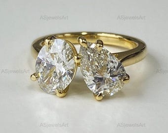 3CT Lab Grown Diamond Toi et Moi Ring, 14K Gold Pear & Oval Cut Engagement Ring, Two Stone Diamond Wedding Ring, Unique Bridal Jewelry
