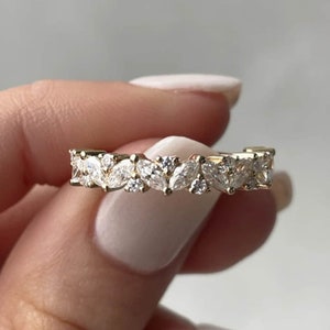 Marquise and Round Cut Moissanite Diamond Band, EF/VS Lab Created Diamond Wedding Band, Half Eternity Band for Her, Matching/Stackable Band