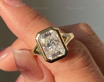 3CT Unique Split Shank Engagement Ring, Radiant Cut Lab Grown Diamond Ring, 14K Solid Gold Bezel Set Wedding Ring, Anniversary Ring