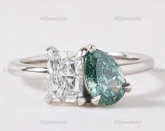 Toi et Moi Engagement Ring, Two Stone Lab grown Diamond Ring, Vivid Green Pear & Radiant Cut Statement Ring, Anniversary Gift