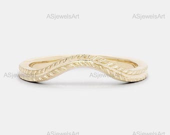 14K Solid Gold Art Deco Curved Wedding Band For Women Chevron Stacking Band For Her, Anniversary Band, Wave Curve Band