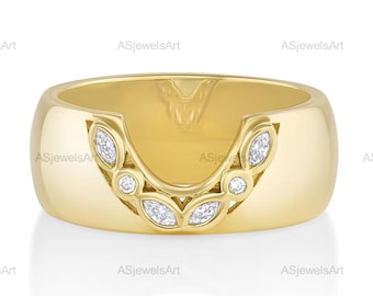 14k Gold Cigar Wedding Band, U Shaped Ring, Bezel Diamond Unique Band, Unique 8mm Wide Cut Out Design Womens Thick Wedding Band Chevron Ring