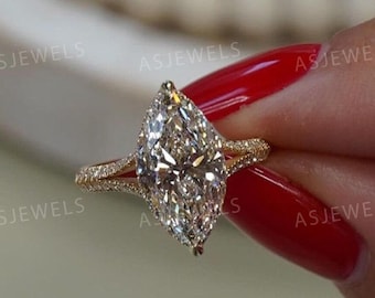 2.50 TCW Marquise Cut Lab Grown Diamond Engagement Ring Split Shank Hidden Halo Pavé Band in 18K White Gold IGI Certified Diamonds