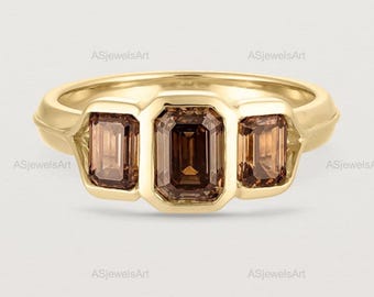 1.5 TCW Vivid Brown Emerald Cut Champagne Lab Diamond Engagement Ring In Solid Yellow Gold With Bezel Set Ring Three Stone Wedding Ring