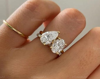 3 TCW Lab Grown Diamond Toi et Moi Ring, 14K Gold Pear & Oval Cut Engagement Ring, Two Stone Diamond Wedding Ring, Unique Bridal Jewelry