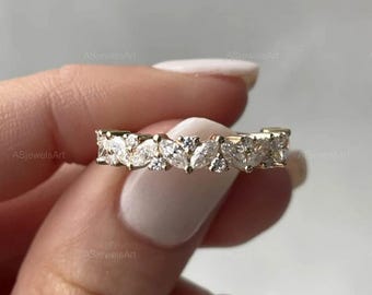 Marquise and Round Cut Moissanite Diamond Band, EF/VS Lab Created Diamond Wedding Band, Half Eternity Band for Her, Matching/Stackable Band