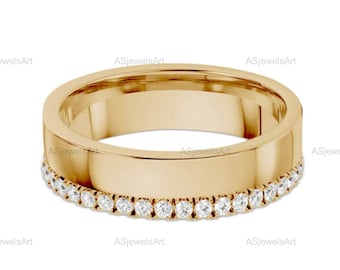Round Lab Diamond Wedding Band 14k Solid Gold | One Side Pave 5mm Flat Ring | Minimalist Bridal Jewelry
