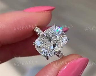4 CT Cushion Cut Lab Grown Diamond Engagement Ring, 14K White Gold Pave Band