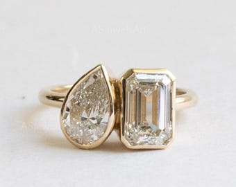 4 TCW  Toi et Moi Lab Grown Diamond Ring, Emerald Cut and Pear Engagement Bazel Ring, Proposal Ring, Minimalist Ring, Promise Ring