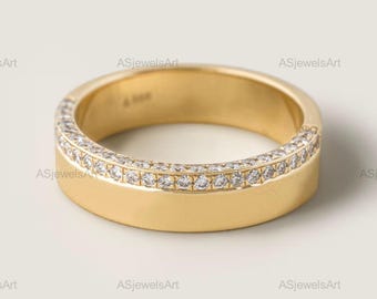 Lab Diamond Wedding Band 14k Solid Gold | One Side Pave 5.5mm Flat Ring | Minimalist Bridal Jewelry