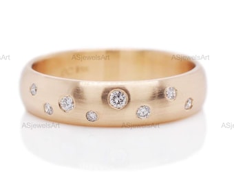 Scattered Diamond Dome Wedding Ring • 14k Solid Gold Pave Band, Unique Wedding Rings