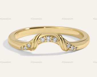 Lab Diamond Curved Wedding Band Solid 10K 14K 18K Gold Ring Minimalist Contour Women Simple Wedding Ring Round Solitaire Yellow
