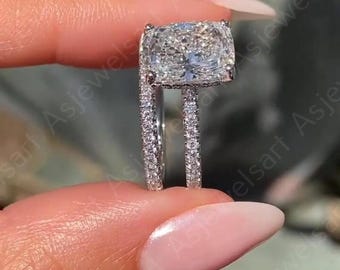 3.5CT Elongated Cushion Cut Lab Diamond Ring Set, Diamond Wedding Ring Set For Bridal, E-VS1 Clarity Eco Friendly Diamond Accent Ring