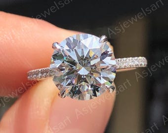 3 Carat E Color VVS2 Clarity IGI Certified Round Ideal Cut Lab Grown Diamond Hidden Halo Engagement Ring 14k White Gold 4 Prongs