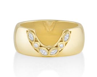14k gouden sigarentrouwring, U-vormige ring, ring diamant unieke band, unieke 8 mm breed uitgesneden ontwerp dikke damestrouwring chevron ring