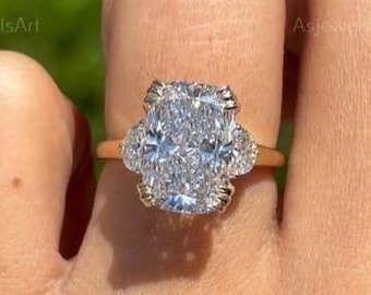 Radiant Cut Lab Diamond Engagement Ring: 4 CT Center, Half Moon Sides, 14K White Gold