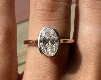 2 Carat Oval Cut Lab Grown Diamond Ring / 14k Yellow Gold / Modern Bezel Solitaire Setting / IGI Certified
