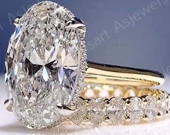 6CT Oval Cut Diamond Bridal Ring Set, Lab Grown Diamond Oval Wedding Ring Set, Solitaire Diamond Engagement Set With Oval Full Eternity Band