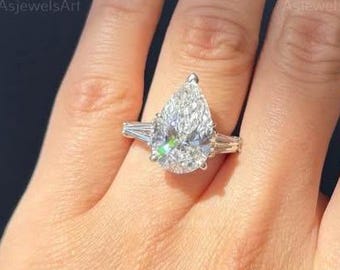 4 ct Pear Cut Lab Grown Diamond Three Stone Engagement Ring, E VVS2 Diamond Trilogy Ring, Side Tapered Baguette Cut Proposal Ring for Her