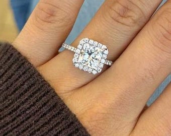 Halo Engagement Ring Princess Cut Diamond Ring for Women Genuine Lab Grown Diamond Ring Square Diamond Ring for Anniversary Gifts Pave Ring