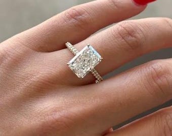 Radiant Cut 3 Carat IGI Certified E Color VVS2 Clarity Lab Grown Diamond Engagement Ring Hidden Halo and Side Round Diamonds, 14k Gold